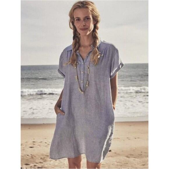 Faherty Hana 100% Linen Shirt Dress Blue Basket Weave Button Collared Size XS - Picture 2 of 11